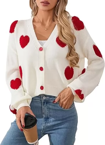 Womens Oversized Cute Heart Cropped Cardigan Spring 2025 Trendy Lightweight V Neck Button Sweater