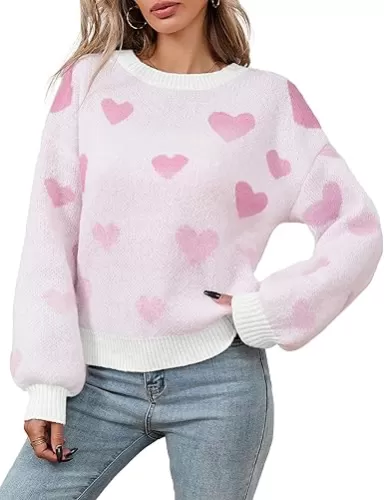 Womens Oversized Cute Heart Sweater Spring 2025 Dressy Casual Ribbed Knit Crew Neck Pullover Tops