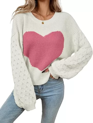 Womens Oversized Cute Heart Sweater Spring 2025 Lightweight Crewneck Cable Knit Sleeve Pullover Top