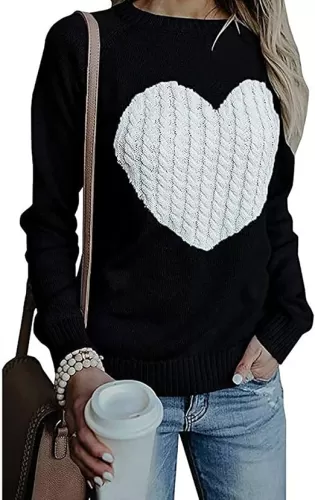 Women's Pullover Sweater Long Sleeve Crewneck Cable Knit Heart Cute Sweaters