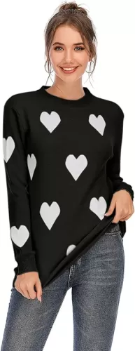Drvitor Womenâ€™s Pullover Sweaters Long Sleeve Crewneck Casual Pullover Cute Heart Pattern Knitted Sweater (White&Red,Small)