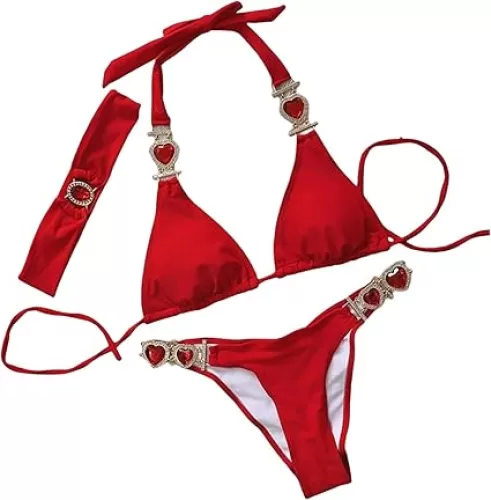 Women's Shiny Heart Crystal Bathing Suit Lace-up Rhinestone Bikini Set with Headband Glitter Jeweled Halter Swimsuit