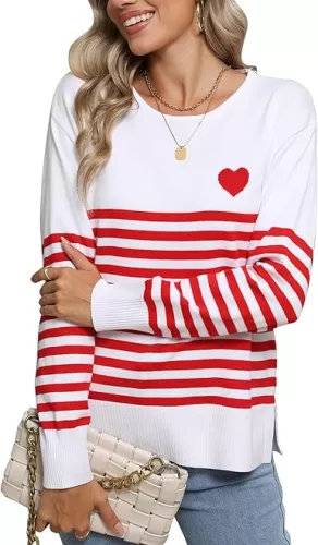 Womens Striped Sweaters Long Sleeve Crew Neck Pullovers Cute Heart Knitted Sweater