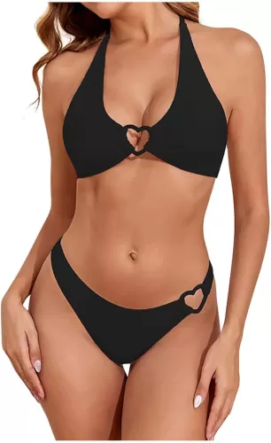Women's Two Piece Bikini Swimsuit Sexy Ribbed Halter Tie Triangle Top Bathing Suits Heart Ring Thong Cheeky Bikini Sets