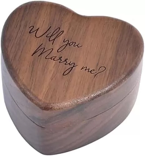 Wooden Heart shape Ring box Engraved for Proposal, Engagement, Wedding (Pattern C- Will you Marry Me)
