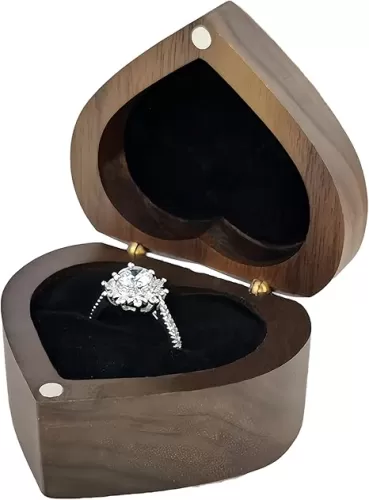 Wooden Heart shape ring gift box single 1 slot, Personalized Vintage ring Holder Case box for Proposal Engagement Wedding Ceremony Anniversary(Velvet lining black)