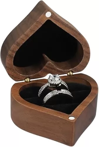 Wooden Ring Box with Heart Shaped 2 Slot Personalized Vintage Wood Jewelry Box for Proposal Engagement Wedding Ceremony Anniversary (Black 2 Slot)