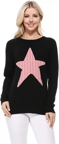YEMAK Women's Knit Sweater Pullover – Long Sleeve Crewneck Cute Heart Star Cable Pattern Casual Soft Knitted Top T Shirts