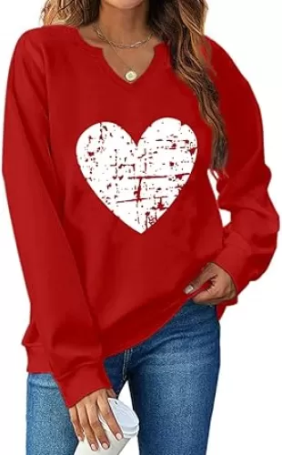 Ymoshoe Women V-Neck Valentine Sweatshirt Love Heart Elbow Patch Shirts Gift for Her