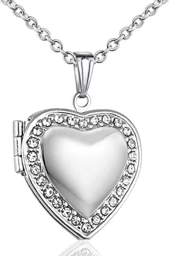 YOUFENG Love Heart Birthstones Locket Necklace Holds Pictures Paved Blue Red White CZ Rose Gold Living Memory Photo Lockets