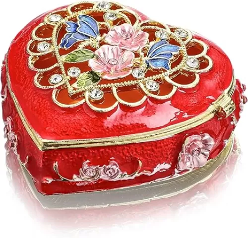 YU FENG Vintage Heart Trinket Box Small Hinged Trinket Boxes Red Jewelry Trinket Box Jeweled Ring Box Gift for Girl Women
