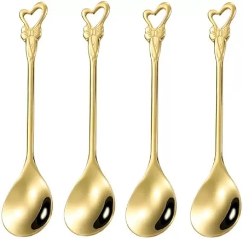 10 Pieces Stainless Steel Heart Butterfly Coffee Spoon Dessert Spoon Sugar Spoon Ice Cream Spoon Stirring Spoon Tea Spoon Set for Tableware Kitchen, Cafe or Bar Gold 4.7 inch