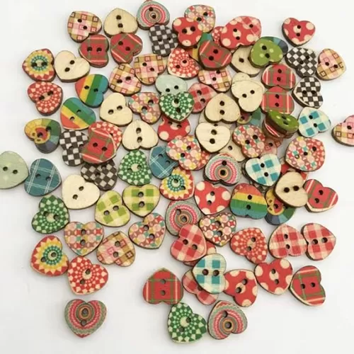 100 PCs Wood Buttons - Heart, Flower Shaped Decorative Vintage Wooden Handmade for Sewing Clothing Accessories