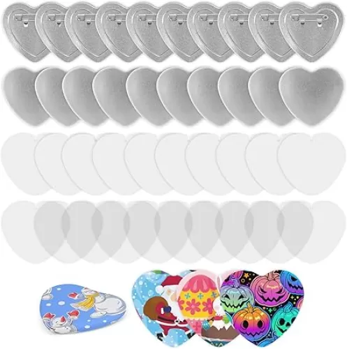 100 Pieces Heart Shaped Blank Button Maker Supplies for Button Maker Machine Heart Badge Pin Button Parts, Includes Metal Button Pin Back Cover, Metal Shell, Clear Film, Gasket, Blank Paper