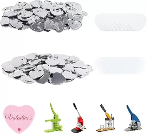100 Sets blank heart Button Parts，Pin Maker Supplies for Button Maker Machine Heart，Including Heart-shaped Metal button pin back cover, Metal Covers, Clear Film&Blank Paper