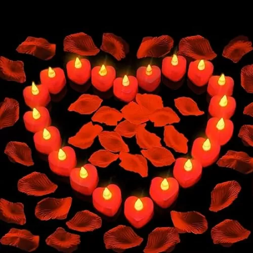 1000 Pieces Artificial Red Rose Petals with 24 Pieces Heart Romantic Flameless LED Tealight Candles for Special Night, Love Candle for Valentine