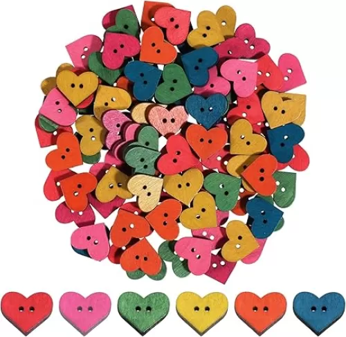 100Pcs Wood Sewing Buttons Heart Shaped Rustic Colored Buttons with 2 Holes Wood Craft Buttons Clothes DIY Sewing Accessory for Decor Sewing Notions Scrapbooking Crochet Painting Handmade Ornament