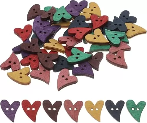 100pcs Wood Sewing Buttons, Heart Shaped Wood Craft Buttons, Rustic Colored Buttons with 2 Holes, Love Heart Buttons for Arts Projects Sewing Clothing Craft Decoration