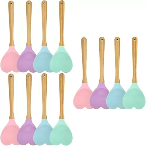 12pcs Heart Shaped Silicone Spatula Baking Spatula Silicone Cooking Mixing Spoons Kitchen Utensil Spoon with Wooden Handle for Mixing Cooking Baking Stirring