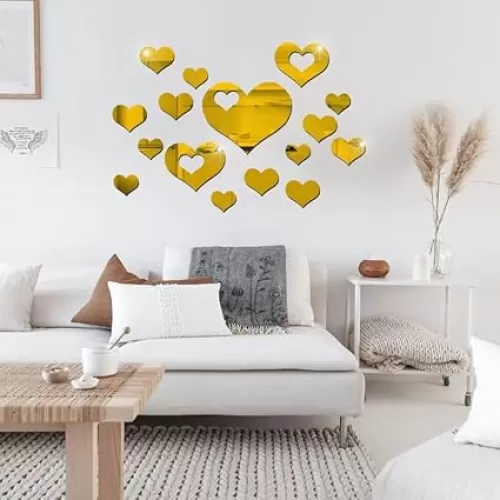 14PCS Premium Acrylic Mirror Wall Stickers - Elegant Heart Set for DIY Home Decor (Gold)