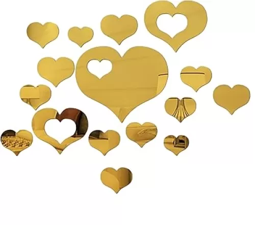 16 Pieces Wall Stickers Acrylic Heart Mirror Removable Mirror Wall Decoration Wall Decals Murals for Home Living Room Bedroom Decor (Gold-Heart)