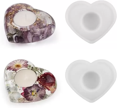 2 Pcs Heart Shaped Candle Holders Epoxy Mold DIY Candlestick Resin Casting Silicone Tealight Mold for Trinket Container Art Craft Making Home Decor, Each 4.1" x 3.4" x 1.6"