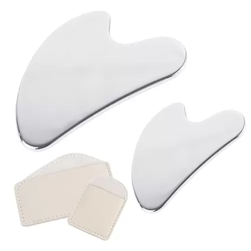 2 Pcs Silver Stainless Steel Facial Tools Heart Shape Metal Gua Sha Manual Massage Beauty Tools for Face Neck Body with 2 Pcs Travel Pouch Skin Care Gifts(Silver)
