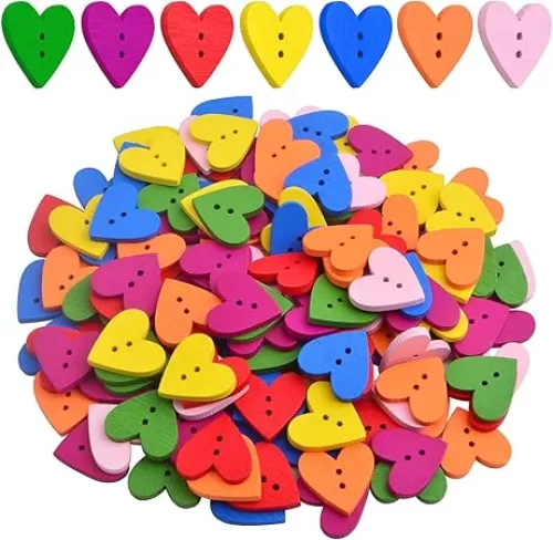 200pcs Colorful Wooden Heart Buttons with 2 Holes Love Heart Shaped Wood Craft Buttons Embellishments for DIY Clothes Sewing Scrapbooking Valentine's Day Decoration