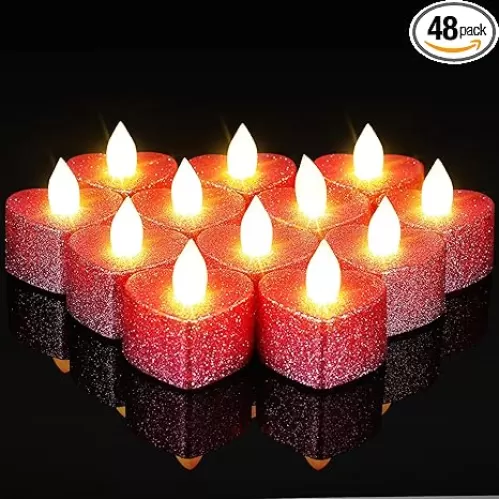 24 Pcs Valentine Candles Heart Shaped Glitter Tealights Romantic LED Tea Lights Candle Battery Operated for Valentine's Day Marriage Proposal Wedding Anniversary Celebration Decor(Pink)