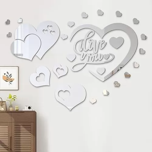 25 PCS Mirror Wall Decor, STNRST-IN Acrylic Removable Heart Shape Mirror Stickers, DIY Self-Adhesive Wall Decor for Home Living Room Bedroom Bathroom Kitchen Sofa TV Background Decoration(Silver)