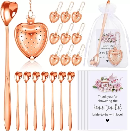 25 Sets Bridal Shower Favors for Guests Party Heart Infuser Spoon Steeper for Loose Tea with Thank You Cards Organza Bags Wedding Souvenir, No Tea (Rose Gold)
