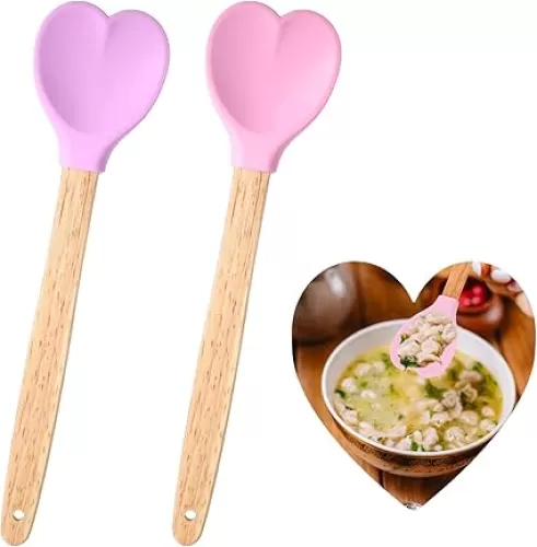 2pcs Heart-Shaped Silicone Spatulas with Wooden Handle, Food Grade Silicone Scraper for Cooking, Baking, Scraping, Mixing and Stirring