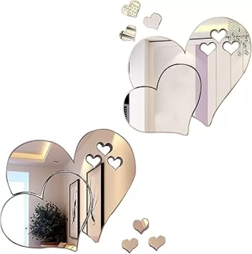 3D Acrylic Heart Mirror Wall Decal，2 Sets Removable Double Heart Shaped DIY Self-Adhesive Wall Art Decals Home Decorations for Home Living Room, Bedroom, Bathroom(Silver)