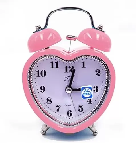3in Small Heart Shape Loud Twin Bell Plastic Alarm Clock Silent Analog Quartz Nightlight Clock for Heavy Sleepers