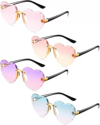 4 Pairs Kids Heart Sunglasses Heart Shaped Sun Glasses for Little Girl Rimless Clear Heart Glasses Trendy Cute Transparent Eyewear for Girls Boys Beach Holiday Festival Party Accessories, 4 Styles