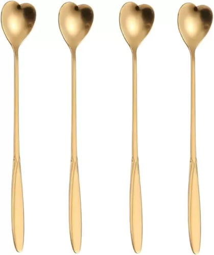 4-Piece Heart-Shaped Stainless Steel Coffee & Tea Spoon Set - 7 Inch Long Handle, Gold