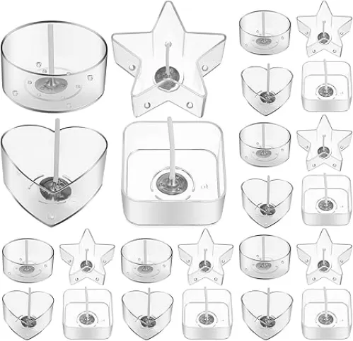 40 Pcs Christmas Tealight Candle Holders Bulk Small Plastic Tea Light Cup Clear Round Heart Star Shape Candle Wax Tins with 100 Pcs Candle Wick for Weddings Party Dinner Decor