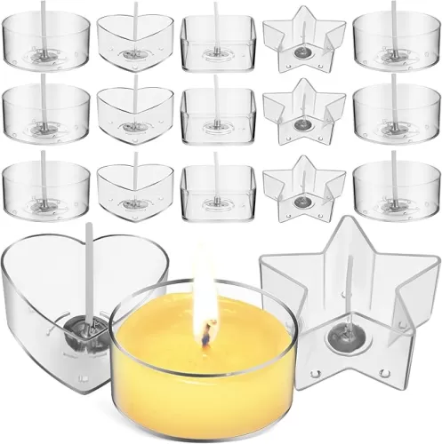 40pcs Clear Tea Light Candle Cup with 100pcs Candle Wicks, Heart Square Round Shaped Transparent Tealight Candle Molds Containers for DIY Candle Making Party Home Decor