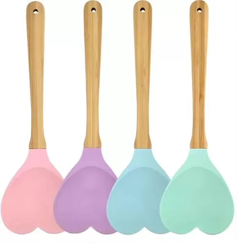 4pcs Heart Shape Silicon Wood Spoon Cooking Serving Mixing Spoons Kitchen Utensil