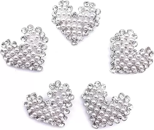 5 Pcs Heart Shaped Sliver Rhinestone and Pearls Sew on Buttons Embellishments for Crafts Clothing Decoration