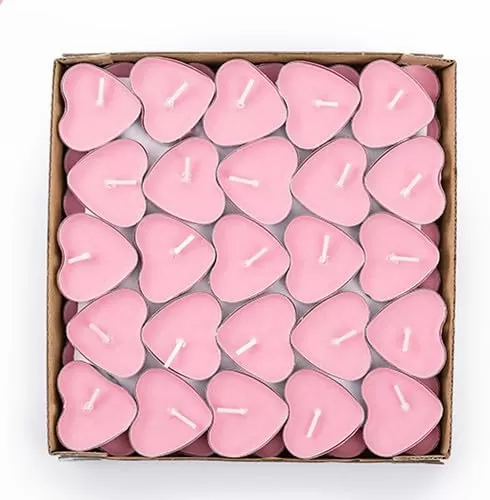 (50 Pack) Heart Shaped Unscented Tea Lights Candles - Smokeless, Dripless Paraffin Tea Candles for Dating, Valentine’s Day, Weddings, Anniversarie and Christma (Pink)