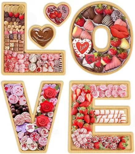 6 Pcs Love Charcuterie Board Letters with Dipping Saucers, Wooden Food Trays for Cheese Fruit Vegetable Platters, Bamboo Plates for Valentine