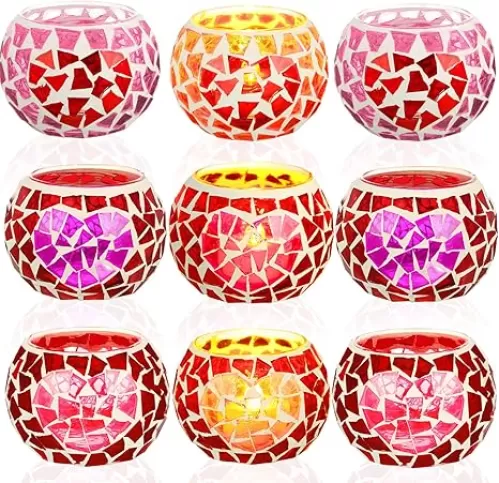9 Pcs Glass Red Heart Candle Holders Heart Tealight Candle Holders Valentine Mosaic Tealight Holder Romantic Glass Candle Holder for Valentines Wedding Love Decor