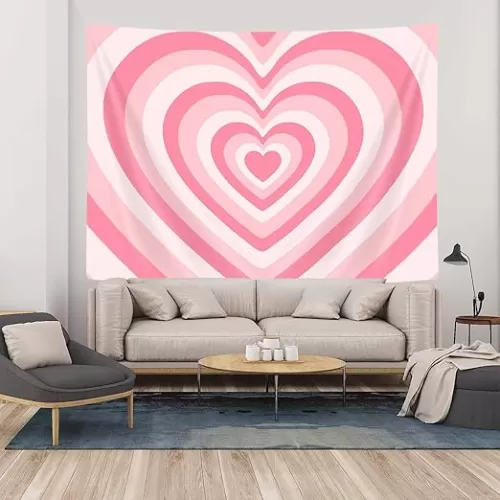 Abstract Pink Heart Shaped Tapestry, Cute Pink Beige Heart Shaped Wall Decor for Woman Teen Girls Room Art 2000s Hippie Wall Hanging, Panels 60 x 40IN
