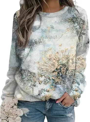 Akivide Women's Flower Graphic Printed Long Sleeve Crewneck Sweatshirt Fall Casual Loose Plus Size Pullover Tops for Women