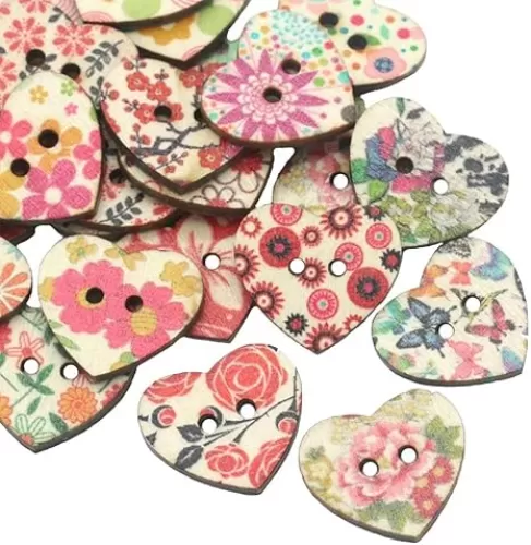 AKOAK 50 Pack 25MM 2-Hole Mixed Flower Pattern Printed Wooden Peach Heart Shaped Buttons Wood Sewing Buttons DIY Scrapbooking Clothe Buttons