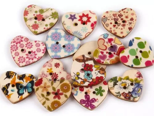 AKOAK 50 Pcs Natural Wood Decorative Button 2-Hole Retro Cute Little Tree Heart Flower Painted Button for DIY Crafts Scrapbook Sewing Craft Decoration (Peach Heart)