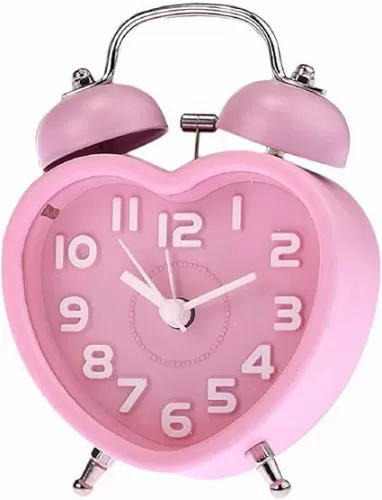 Alarm Clock Cute Small Double-Bell Night Light Children Mini Quartz Alarm Clock Heart (Pink)