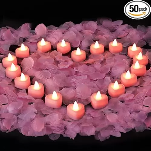 Amagic 4000 Pieces Pink Artificial Rose Petals with 50 Pink Heart LED Tea Lights, Rose Petals and Candles Set for Proposal, Anniversary, Romantic Night, Wedding Decor
