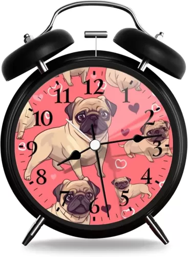 Analog Alarm Clock with Night Light, Silent Sweep Movement Battery Powered Compact Table Clock for Bedroom Office-Seamless Pattern of Cute Pugs with Hearts On Pink Background
